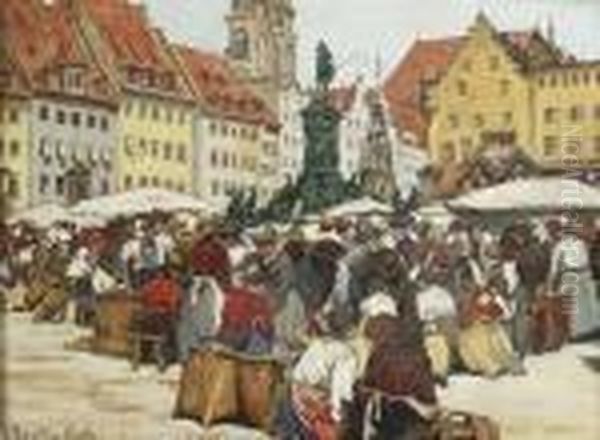 Marketplace At Nuremberg. Mixed Media On Carboard, Signed Oil Painting by Johann Nepomuk Geller