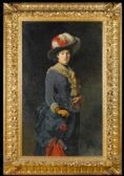 Portrait Of A Young Lady, Wearing A Blue Dressand Carrying A Parasol Oil Painting by Edoardo Gelli