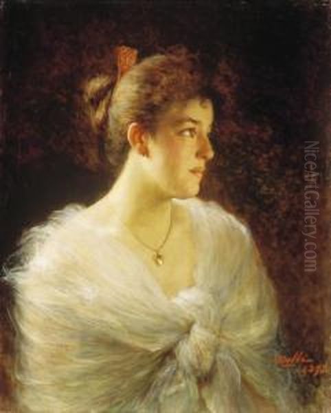 Young Lady In White Dress Oil Painting by Edoardo Gelli