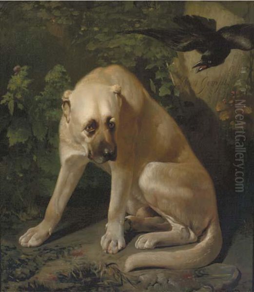 A Raven Teasing A Hound Oil Painting by Bernard te Gempt