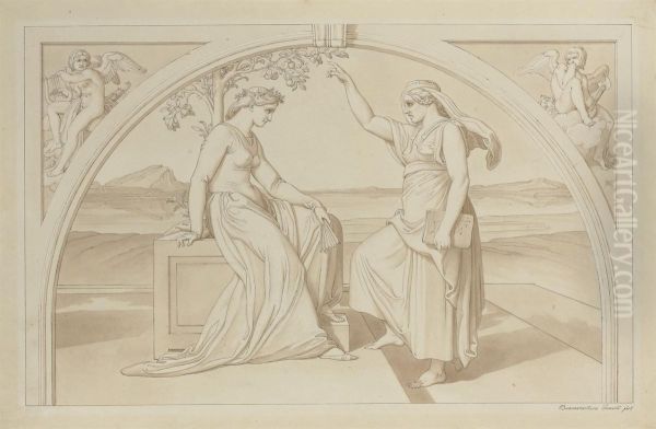 Sappho Instructing A Pupil, Drawn In A Lunette With Angel Musiciansin The Spandrels Oil Painting by Bonaventura Genelli