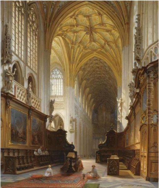 A Church Interior Oil Painting by Jules Victor Genisson