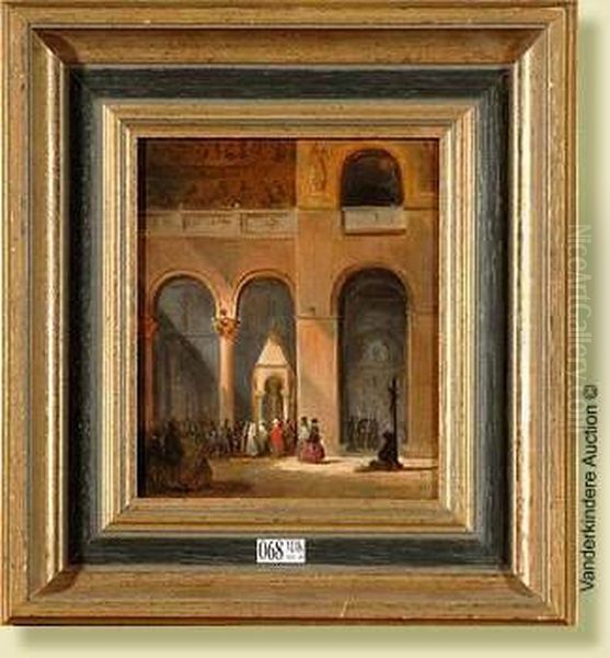 Interieur D'eglise Animee Oil Painting by Jules Victor Genisson