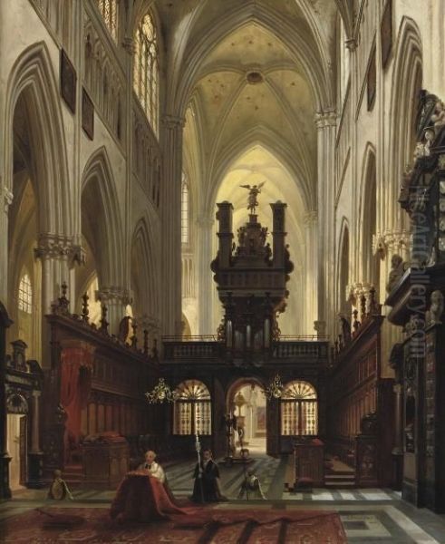 A Gothic Church Interior Oil Painting by Jules Victor Genisson