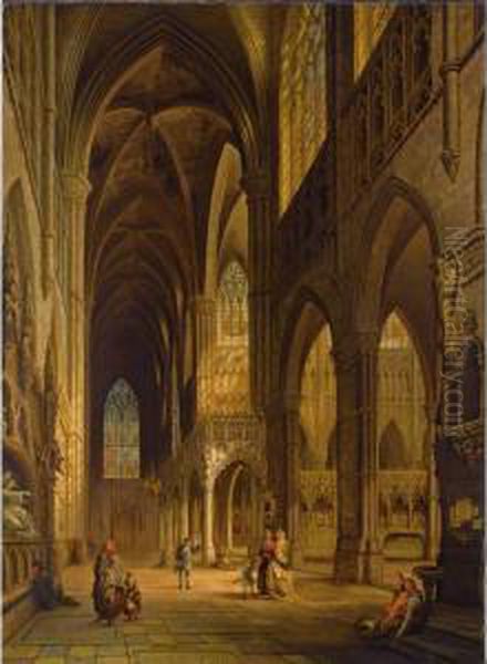 'vue Du Transept De L'eglise Cathedrale D'amiens' Oil Painting by Jules Victor Genisson