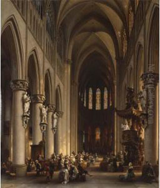 Figures Attending Mass Oil Painting by Jules Victor Genisson