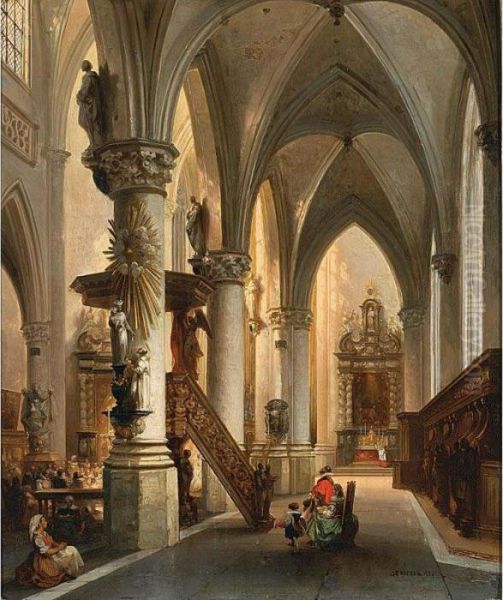 Figures In A Church Interior Oil Painting by Jules Victor Genisson