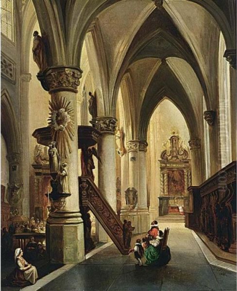 A Church Interior Oil Painting by Jules Victor Genisson