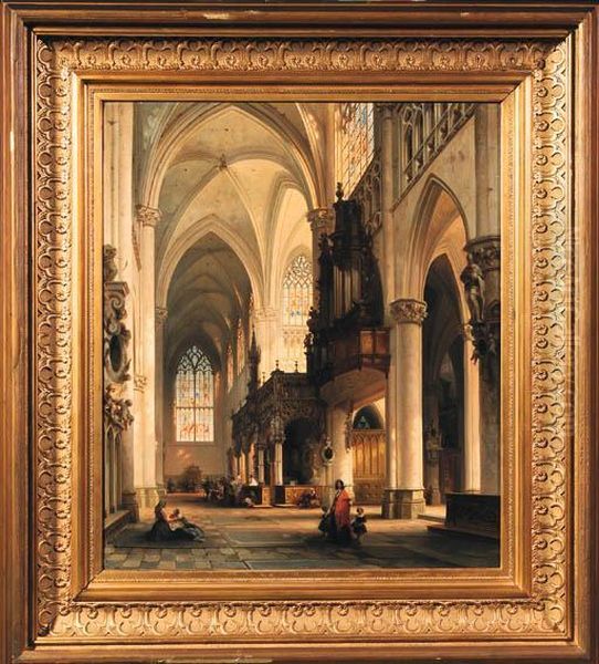 The Interior Of The St.gommarus 
Church, Lier, With Worshippers Atthe Alter, A Lady With Her Children 
Approaching A Beggar Woman Inthe Foreground Oil Painting by Jules Victor Genisson