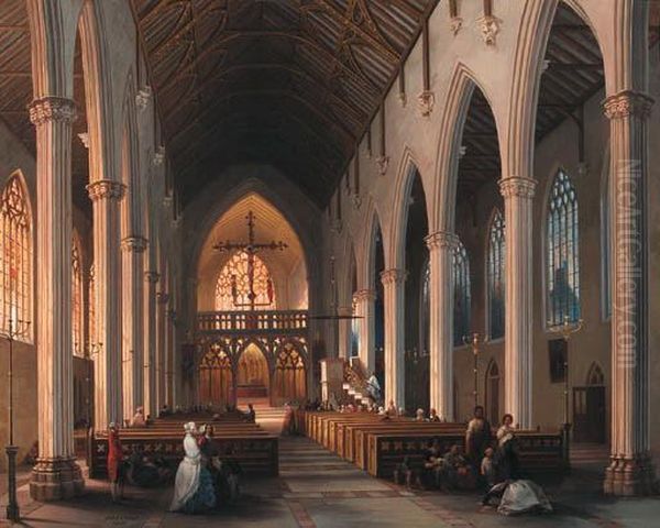 Worshippers In A Gothic Church Oil Painting by Jules Victor Genisson