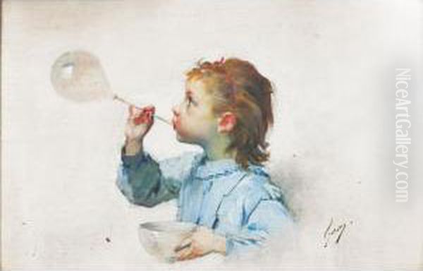 Fillette A La Bulle De Savon Oil Painting by Henri-Jules-Jean Geoffroy (Geo)