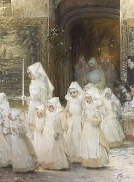 Theorie Des Petites Filles A La Procession De La Fete Dieu Oil Painting by Henri-Jules-Jean Geoffroy (Geo)