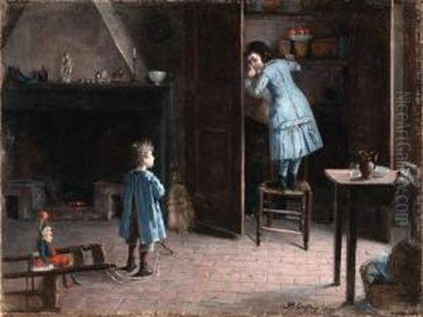 Children In An Interior Oil Painting by Henri-Jules-Jean Geoffroy (Geo)