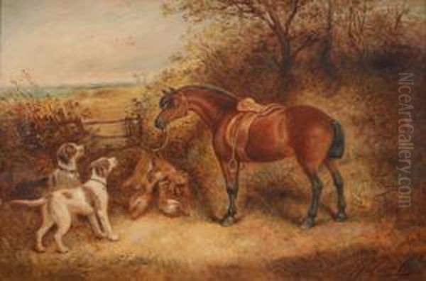 Landscape With A Grey Horse And 
Two Spaniels Waiting By A Fence And A Brace Of Hanging Pheasants Oil Painting by George Earl