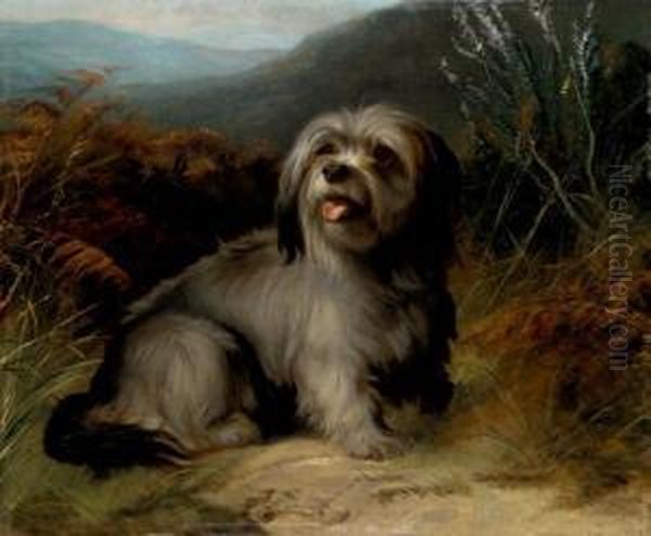 A Terrier In A Landscape Oil Painting by George Earl