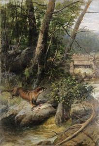 An Otter With A Fish On A Riverbank Oil Painting by George Earl