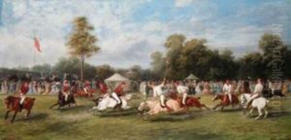 A Polo Match At Hurlingham 
Between The Royal Horse Guards (theblues) And The Monmouthshire Team, 
Played On 7 July 1878 Oil Painting by George Earl