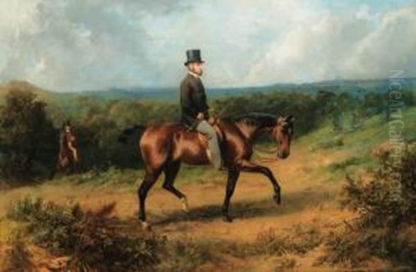 A Gentleman On A Bay Hunter In An Extensive Wooded Landscape Oil Painting by George Earl