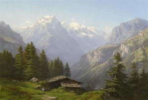 Alpine Hut In The Swiss Mountains Oil Painting by Jean Philippe George-Juillard