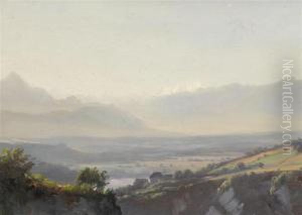 Landscape With A Chain Of Mountains In Background Oil Painting by Jean Philippe George-Juillard