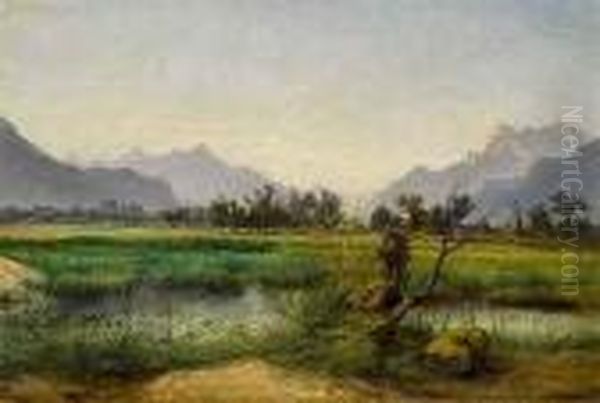 Landschaft Mitweiher Und Bergen Oil Painting by Jean Philippe George-Juillard