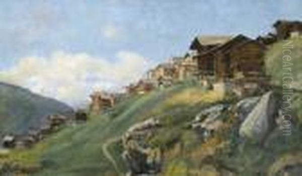 Walliser Dorf An Einem Berghang Oil Painting by Jean Philippe George-Juillard