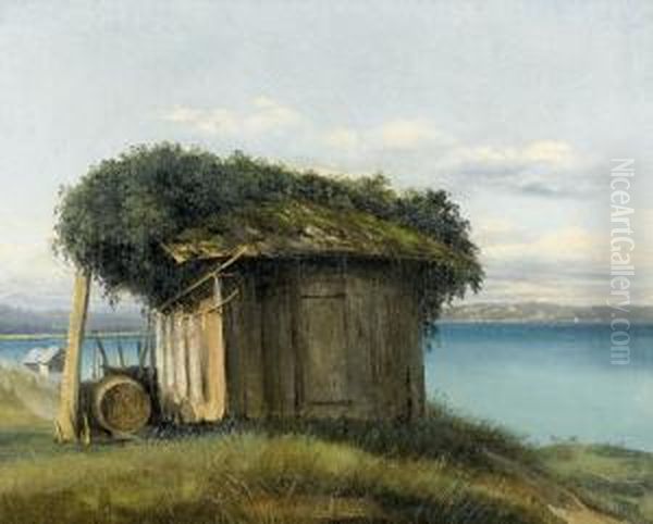 Moosbewachsenes Hauschen An Turkisblauem See. Oil Painting by Jean Philippe George-Juillard