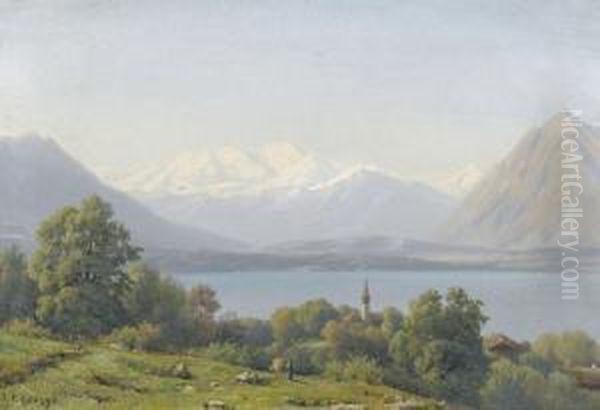 Sommerliche Ansicht Vom Thunersee Mit Schneebergen. Oil Painting by Jean Philippe George-Juillard