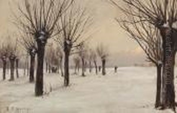 Winterlandschaft Mit Weiden Und Spaziergangern. Oil Painting by Jean Philippe George-Juillard