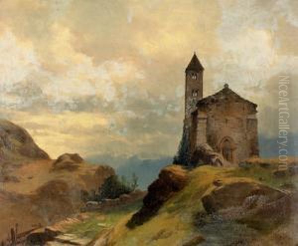 Walliser Gebirgslandschaft Mit Kleiner Kirche. Oil Painting by Jean Philippe George-Juillard