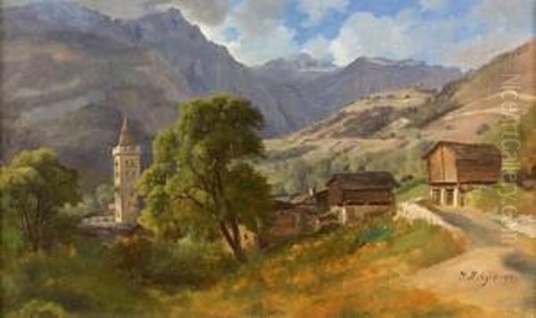 Walliser Landschaft Mit Der Kirche Von Leuk. Oil Painting by Jean Philippe George-Juillard