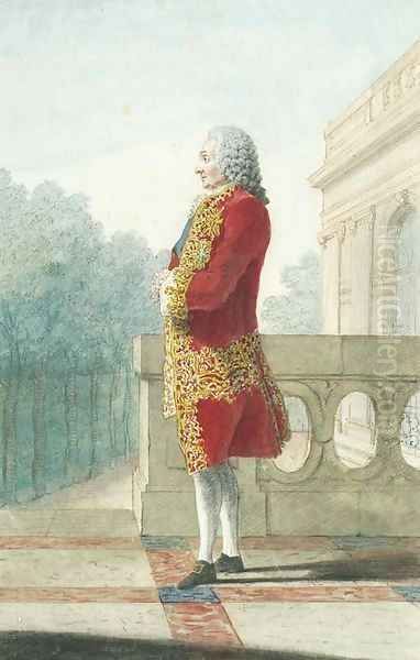 Le Brave Chevert standing in profile to the left on a Terrace at Villers-Coteret Oil Painting by Louis Carrogis Carmontelle