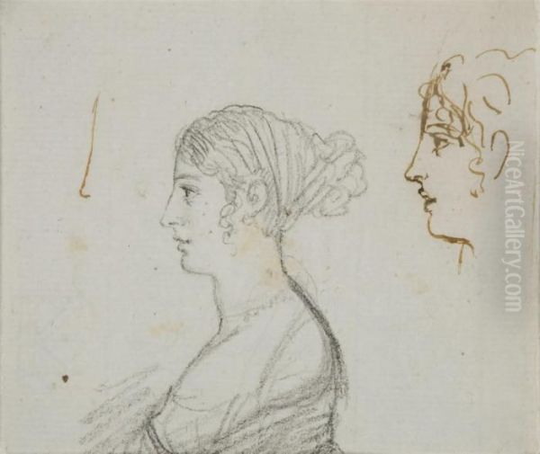 Femme En Buste, Vue De Profil 
Vers La Gauche, Reprise De Son Visage(recto); Etude Pour Daphnis 
(verso); Et Jeune Femme Assise, Vue Deprofil Vers La Droite Oil Painting by Baron Francois Gerard