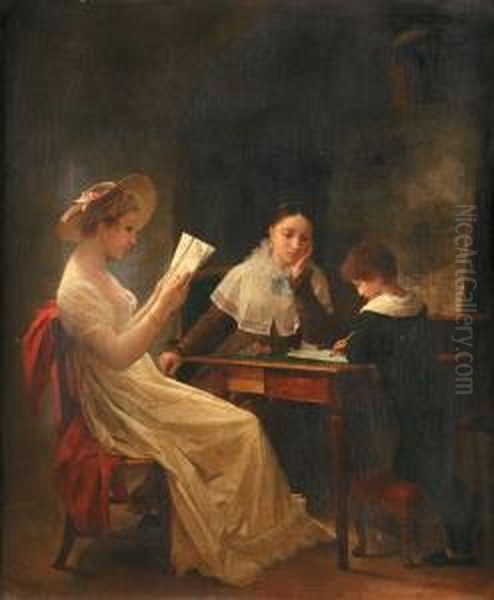 Jeune Garcon Ecrivant Pres De Sa Mere En Train De Lire. Oil Painting by Marguerite Gerard