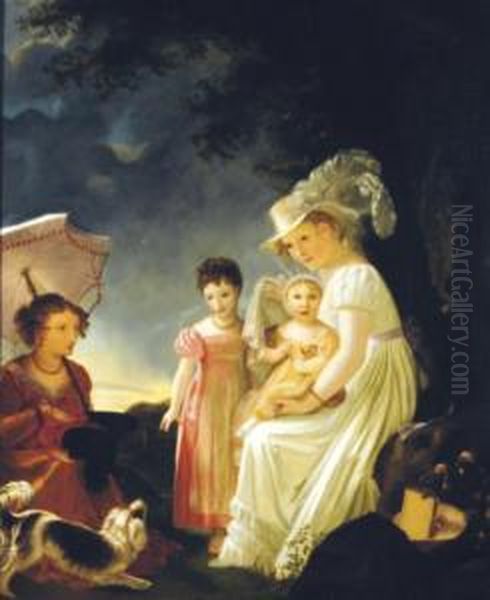 Ladies With Children And Dog Resting Under A Tree Oil Painting by Marguerite Gerard