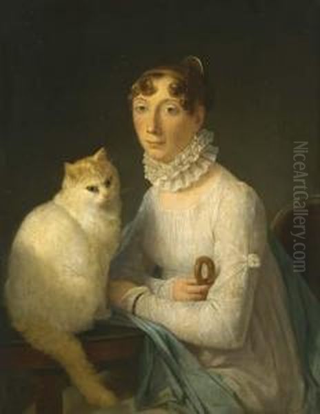 A Lady With Her Cat Oil Painting by Marguerite Gerard