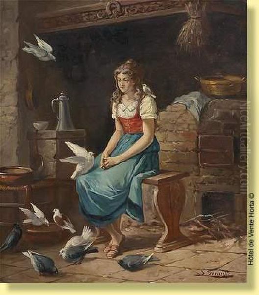 Jeunefille Et Pigeons Oil Painting by Simonin Gerard