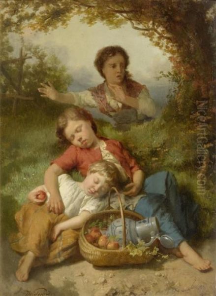 Children Sleeping On A Picnic Oil Painting by Theodore Gerard