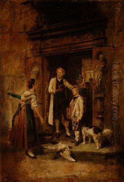 Genre Scenes Depicting Figures By Carved Stone Doorways Oil Painting by Theodore Gerard