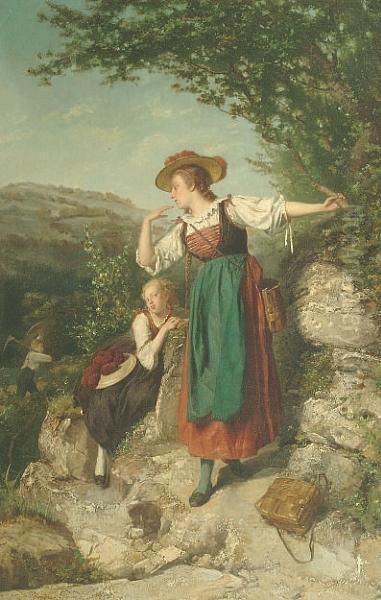 Two Ladies Resting On A Rocky Pathway Oil Painting by Theodore Gerard