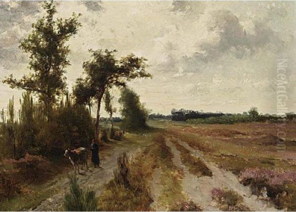 A Peasant Woman And Cow On A Path Oil Painting by Theodore Gerard