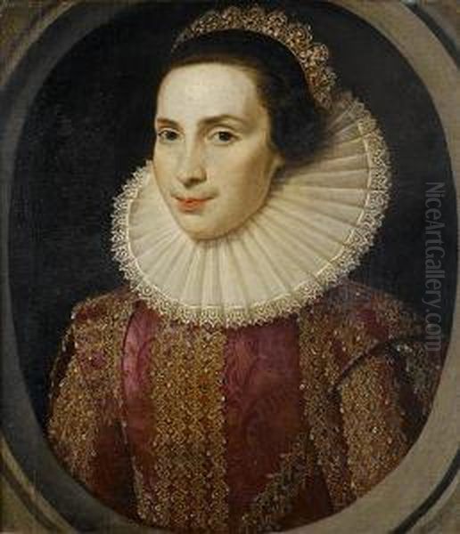 Portrait Of A Lady, Bust-length,
 In A Crimsonembroidered Dress With A White Lace Ruff And A Jewelled 
Headdress,within A Painted Stone Oval Oil Painting by Marcus Ii Gerards