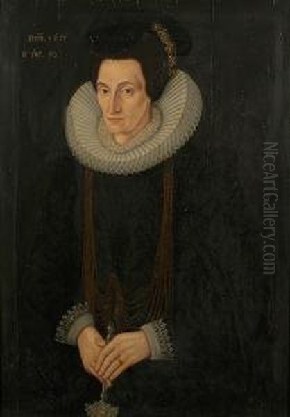 A Portrait Of Bridget, Lady 
Heveningham, Half Length, In Black Gown With Ruff And Lace Cuffs And 
Wearing Ornate Jewellery Oil Painting by Marcus Ii Gerards