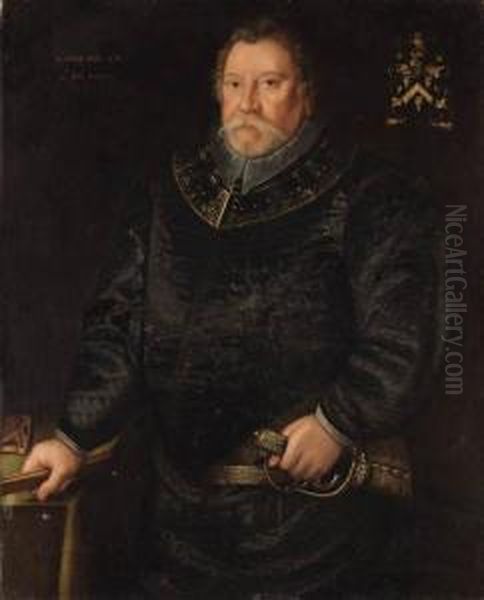 Portrait Of Stephen Bull, Master
 Gunner Of England, Half-length, Ina Black Doublet And A Gorget, His 
Left Hand Resting On The Hilt Ofhis Sword Oil Painting by Marcus Ii Gerards