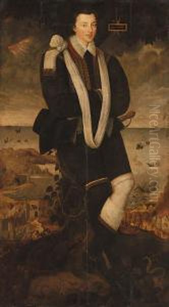 Portrait Of A Gentleman, 
Full-length, Leaning Against A Tree Trunkin An Embroidered Doublet With A
 White Sash, With Serpents Andtoads At His Feet, And Houses On Fire By 
The Coast In Thebackground, With Warships In Distress Beyond Oil Painting by Marcus Ii Gerards