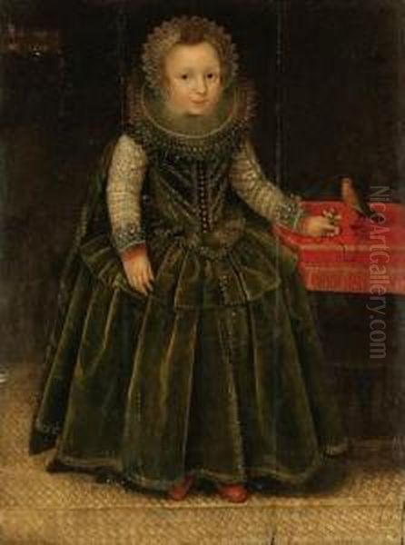 Portrait Of A Young Girl, Aged 
2, Full-length, In A Green Velvetdress, Holding Pansies With A Robin On A
 Draped Table, In Aninterior Oil Painting by Marcus Ii Gerards