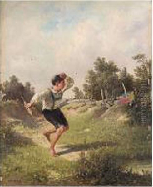 Boy With A Kite Oil Painting by August Gerasch