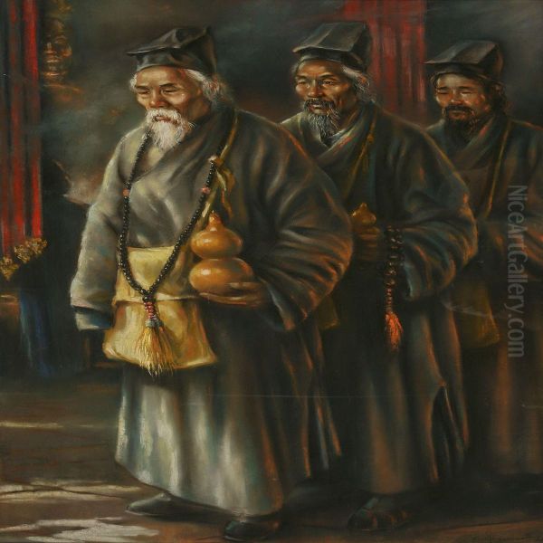 Three Taoist Monks In Procession Oil Painting by I. Gerassimoff