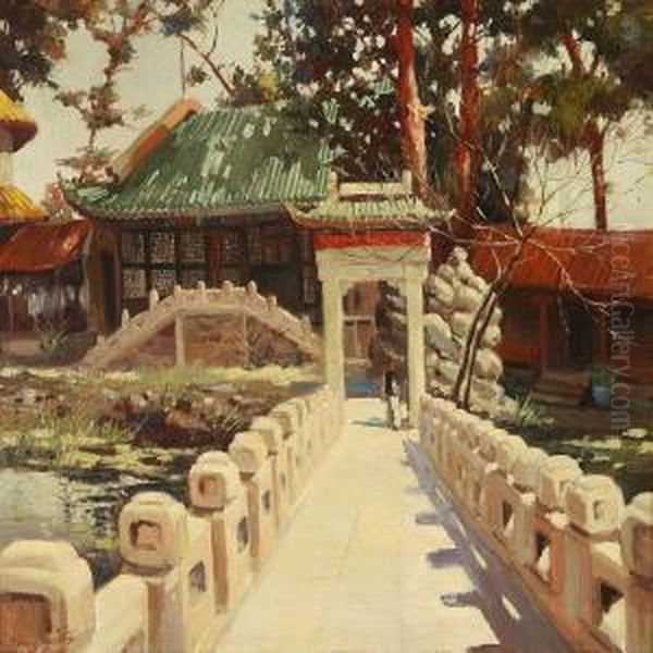 At A Bridge To A Chinese House Oil Painting by I. Gerassimoff