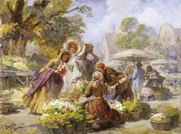 Flower Market Oil Painting by Imre Gergely